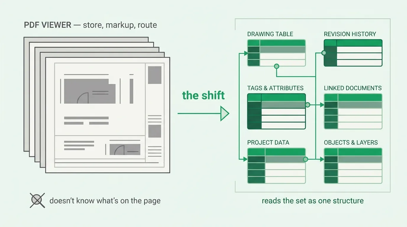 Software treats a drawing set as a document to store and route; reading it as one connected structure is the shift