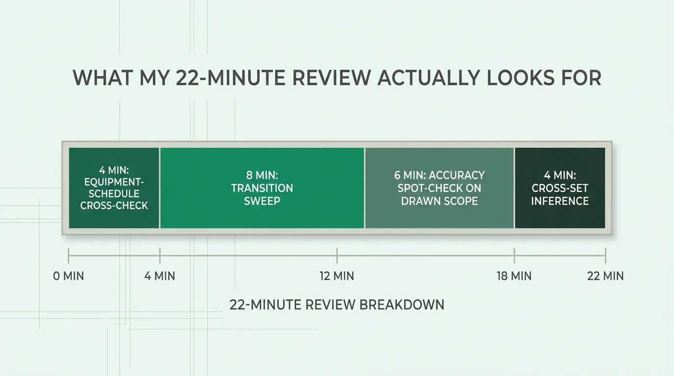 Fig 1, the 22-minute breakdown, horizontal stacked bar with four segments in the Boon primary green family: 4 min equipment-schedule cross-check, 8 min transition sweep, 6 min accuracy spot-check on drawn scope, 4 min cross-set inference. Bar sits on a neutral pale-green background with hour markers.