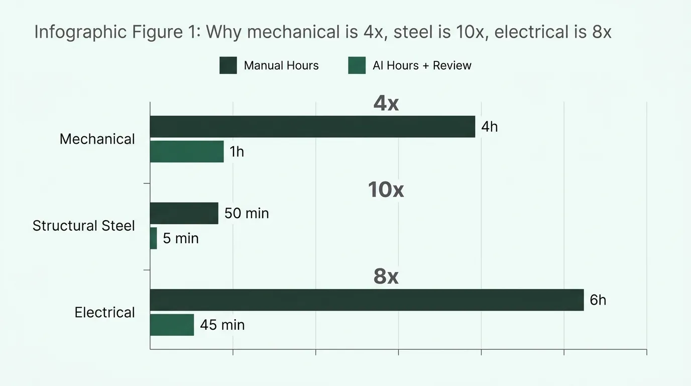 Fig 1, horizontal grouped bar chart comparing three trades. For each trade, two bars in Boon greens: manual hours (dark green) vs AI hours plus review (primary green). Mechanical: 4h vs 1h. Structural steel: 50 min vs 5 min. Electrical: 6h vs 45 min. Ratios labeled above each pair.