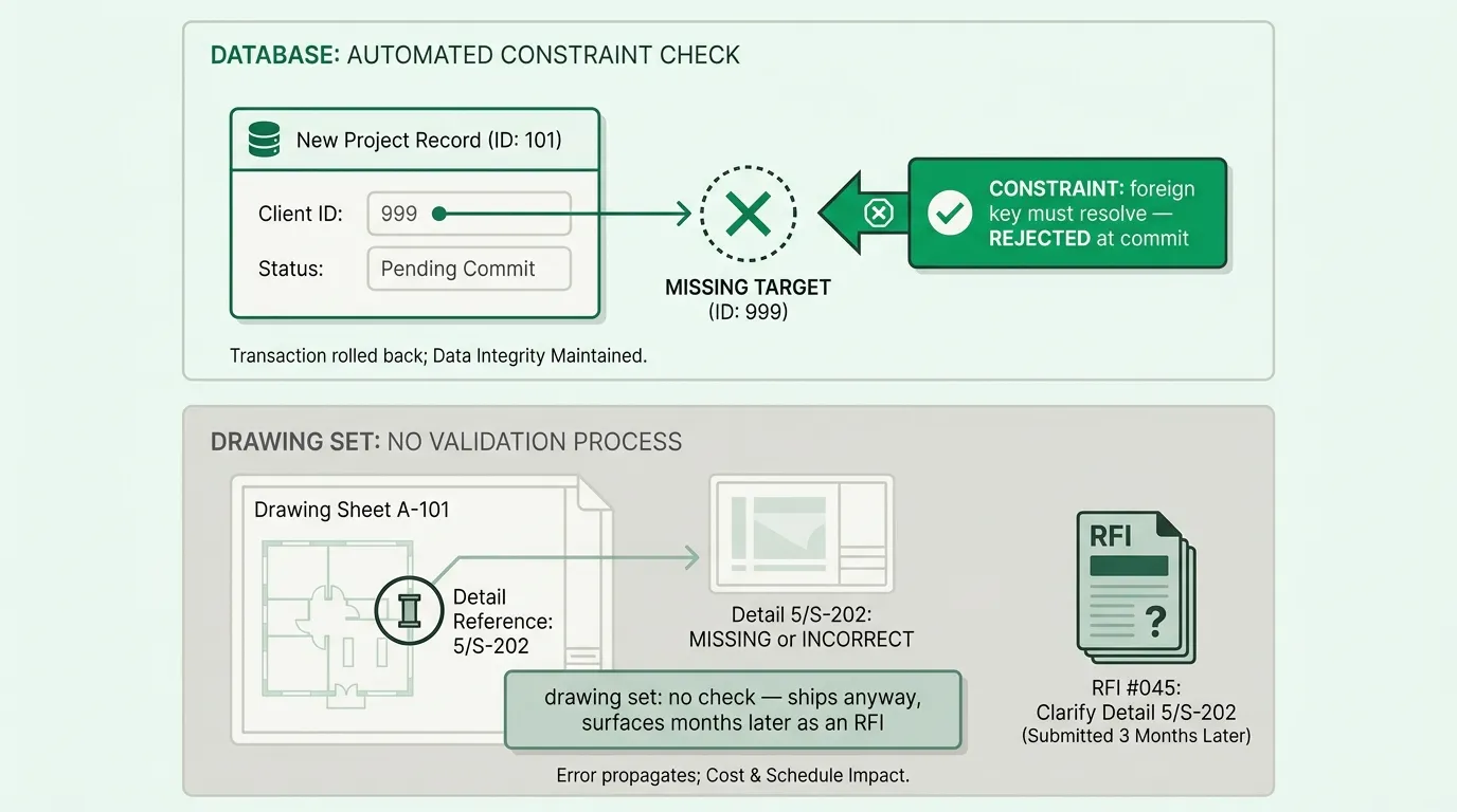 A database rejects a broken foreign key at commit; a drawing set had no such check, so the mismatch shipped and surfaced later as an RFI
