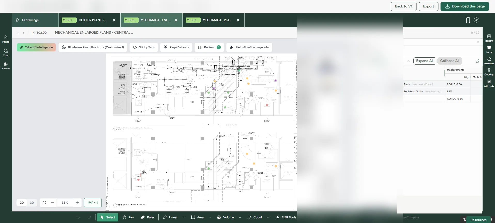The agent working a real plan set inside the takeoff view (project details redacted).