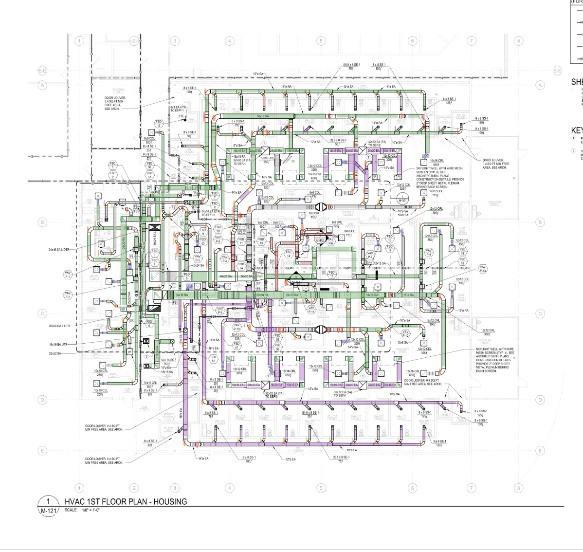 AI-detected ductwork highlighted across an HVAC first floor plan — 227 components identified automatically
