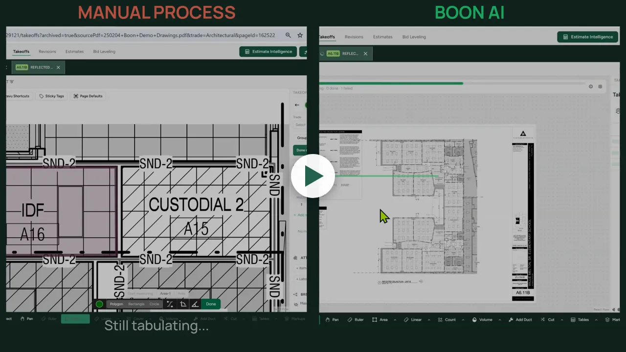 Flooring takeoff: 30 minutes manual vs 2 minutes with Boon AI — click to play