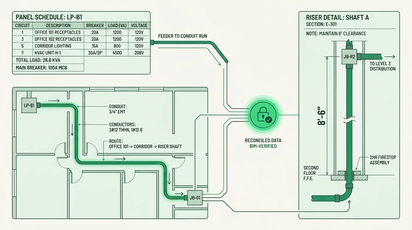 One conduit run described three times — on the schedule, the plan, and the detail — and a spatial model reconciling all three into a single source of truth
