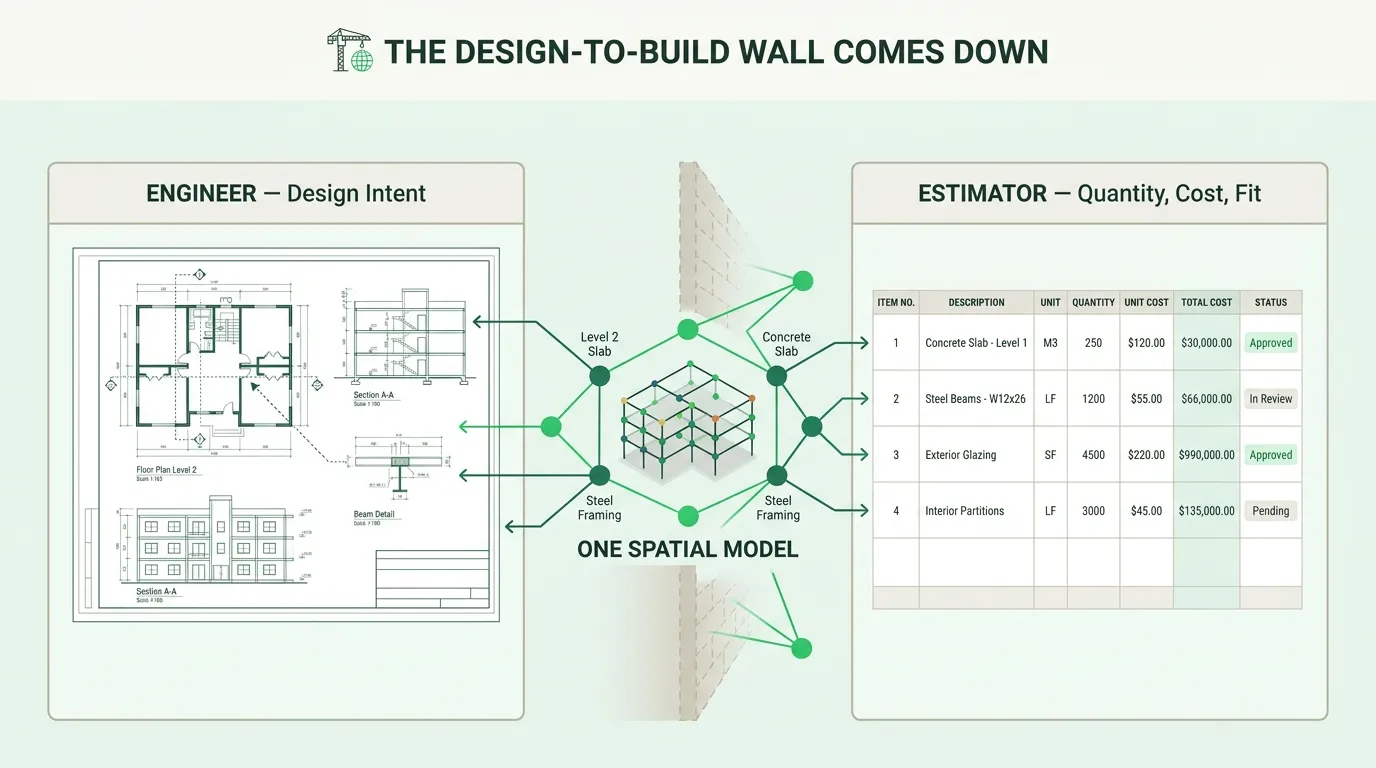The design-to-build wall comes down: one spatial model bridges the engineer's design intent and the estimator's takeoff