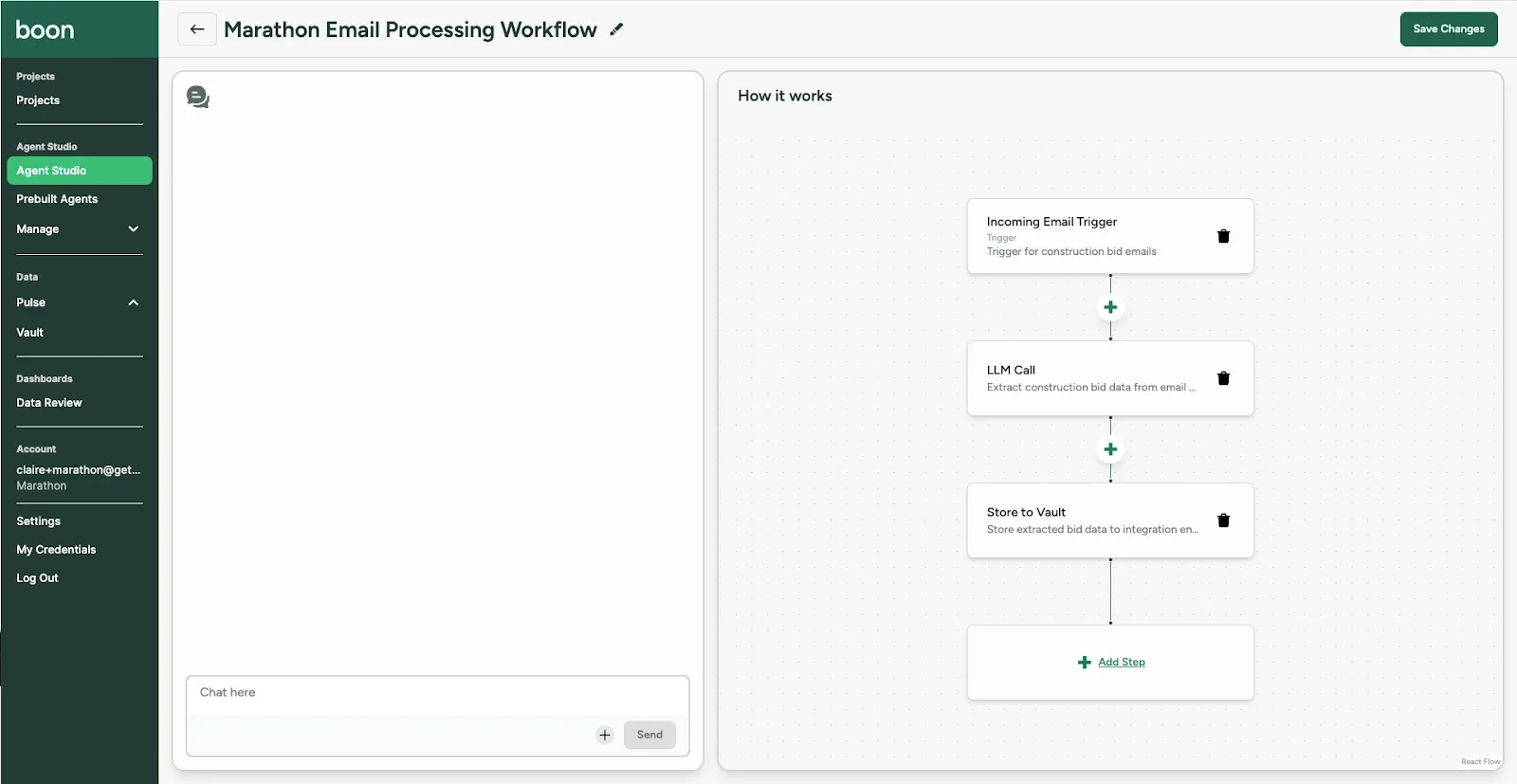 Screenshot of Boon Agent Studio configured for Marathon's email-processing workflow, with steps "Incoming Email Trigger", "LLM Call", and "Store to Vault" in a vertical flow