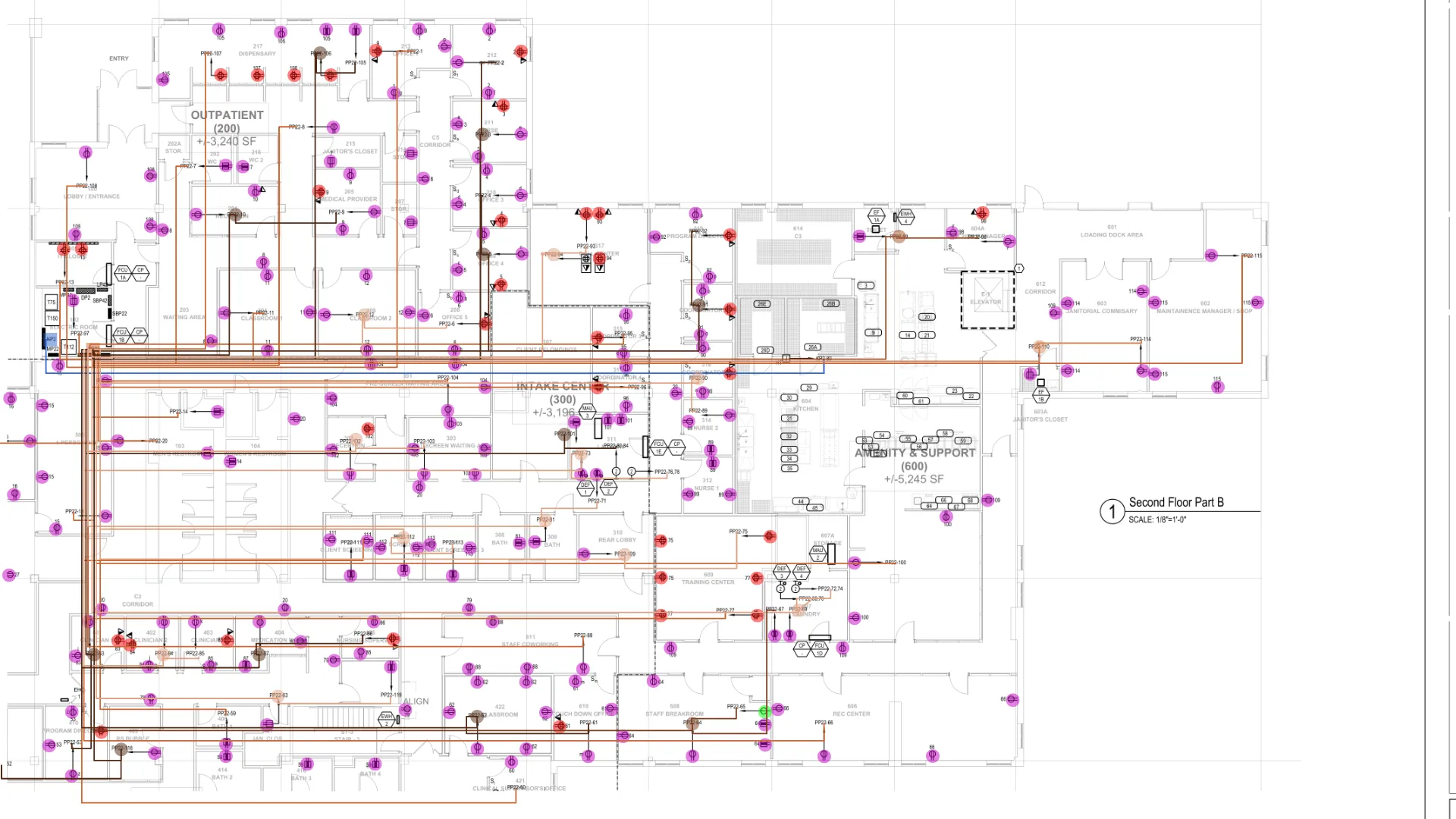 A real Boon takeoff: dense magenta receptacle symbols and orange home run conduits laid over an electrical floor plan.