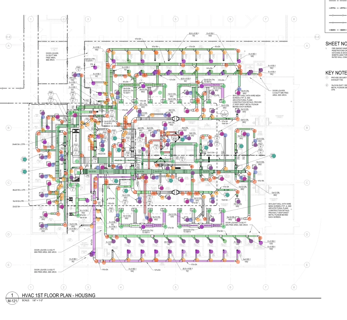 Completed AI mechanical takeoff showing detected ductwork, fittings, and equipment with colored annotations on HVAC floor plan