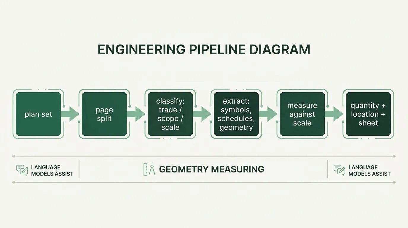 The real pipeline: plan set, page split, classify by trade/scope/scale, extract symbols and schedules and geometry, measure against scale, output a quantity bound to a location and a sheet. Language models assist only at the edges (legends, labels, notes); geometry does the measuring at the core.
