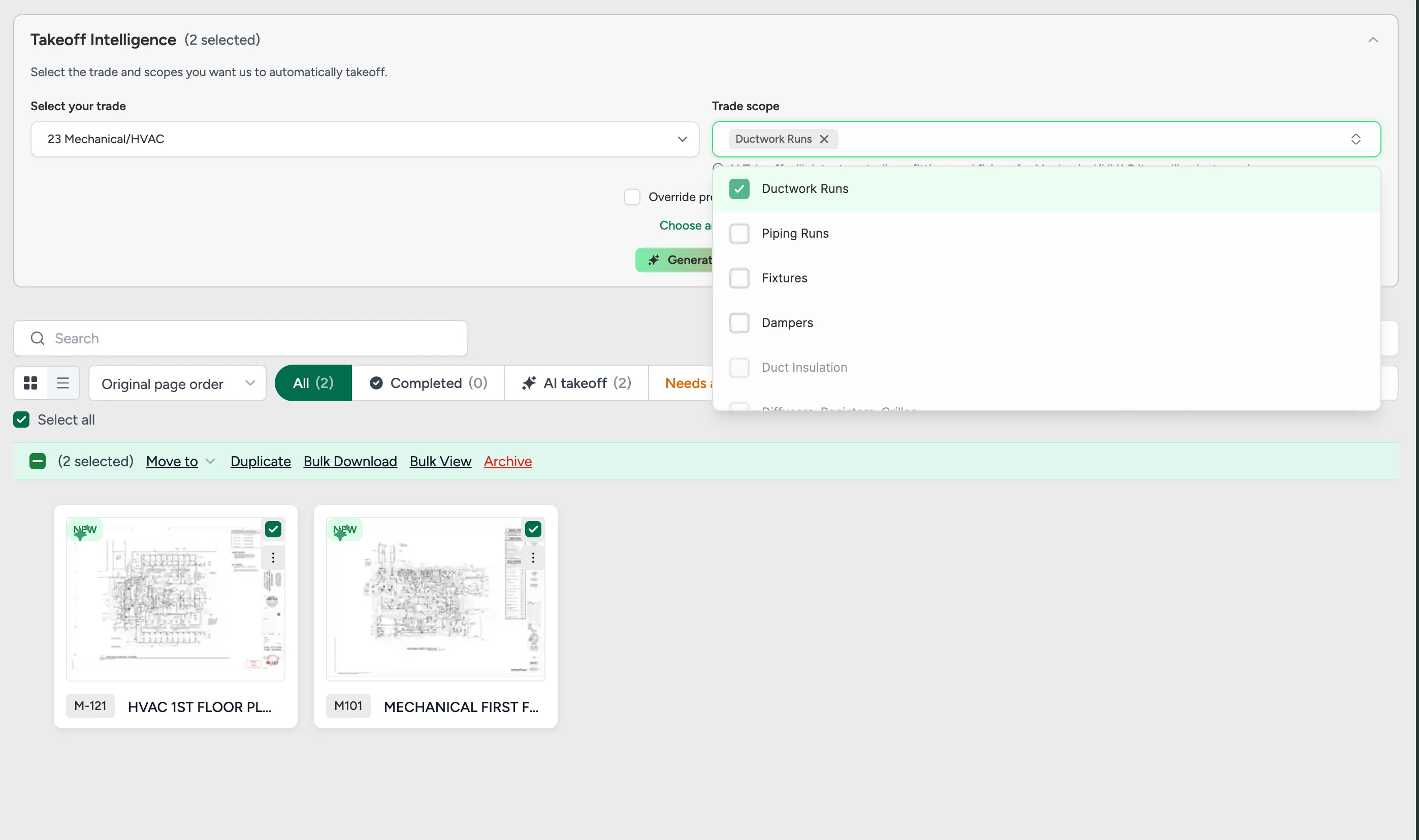 Select your trade and scope, click Generate Takeoff — the AI processes your mechanical drawings automatically