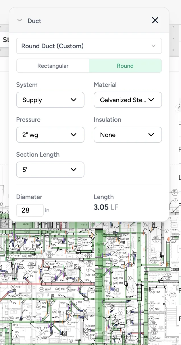 Click any detected element to inspect and edit its properties — material, pressure class, dimensions, and calculated weight