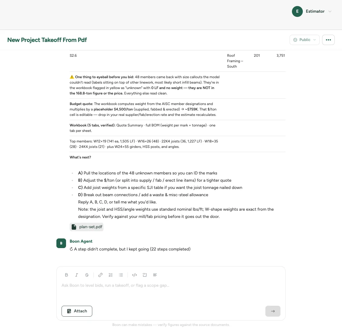 A first-pass evaluation returned in product, priced and flagged, for a leader to review rather than produce. Customer details redacted.