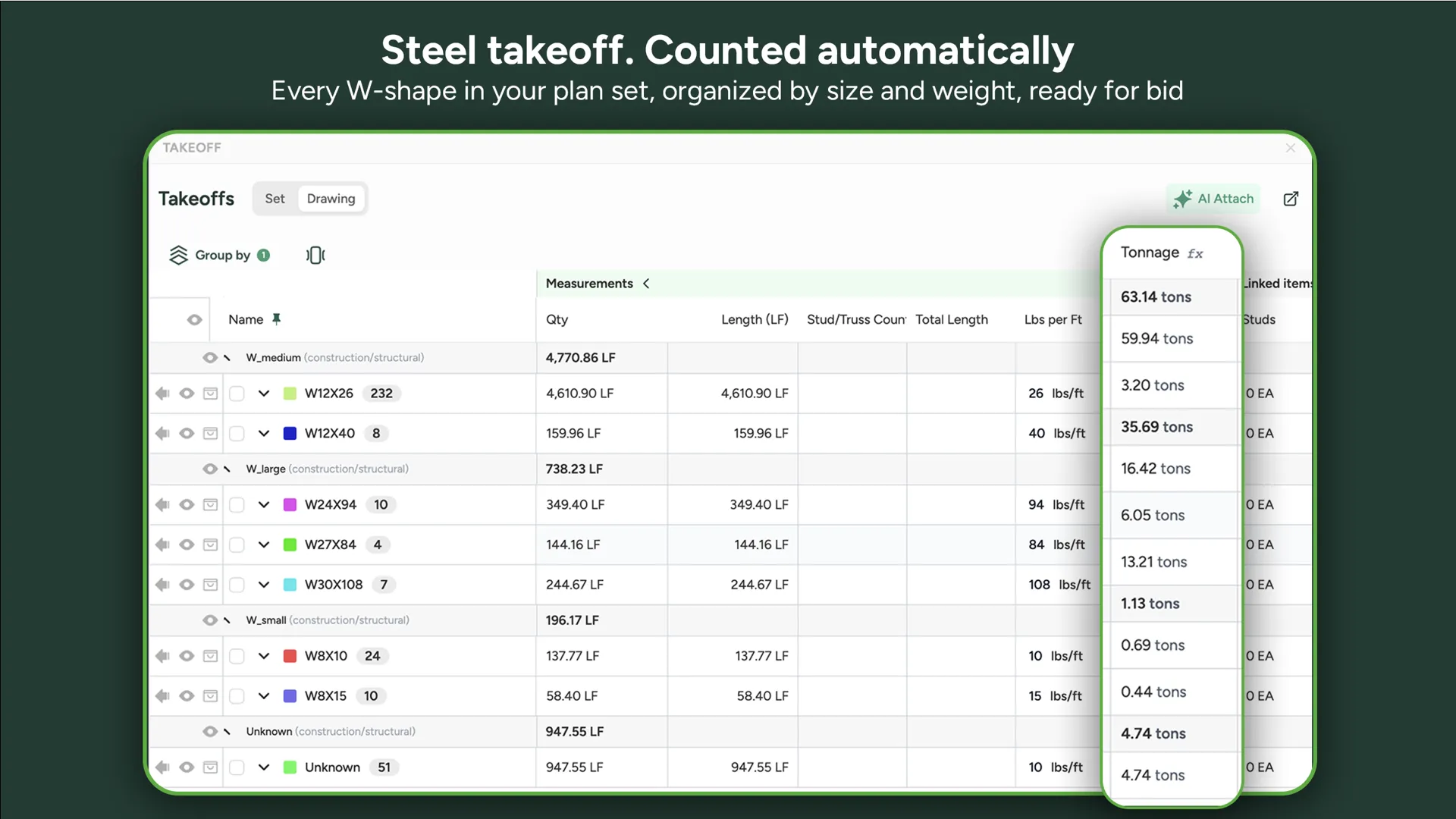 Boon AI steel takeoff showing W-shape counts organized by size and weight in tons