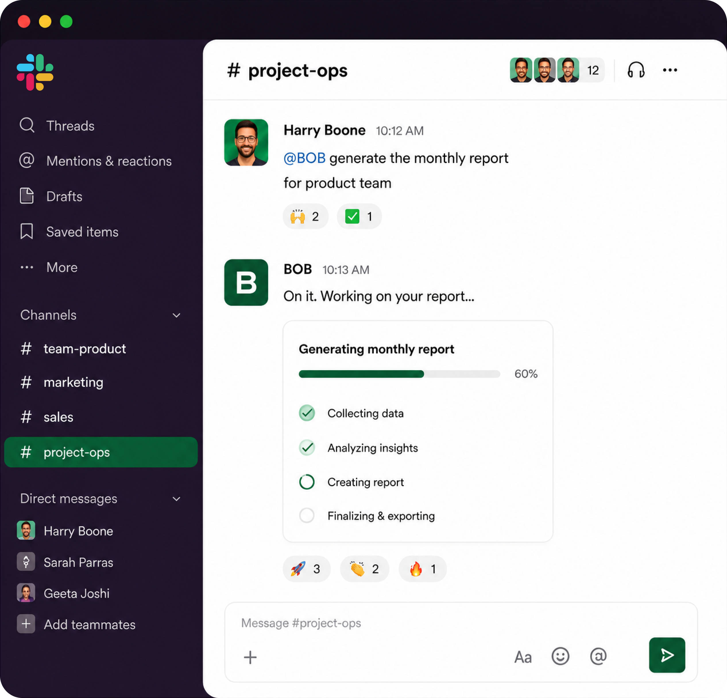 Slack workflow showing Boon Agent generating a monthly report